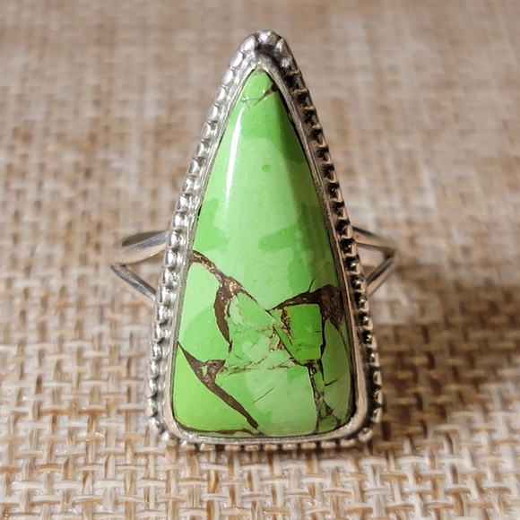 Native Jewelry - Native Copper Green Turquoise Gemstone Ring Size 8 Sterling Silver Boho Jewelry
